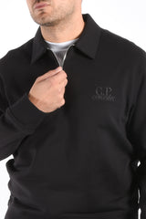 CP Company Diagonal Raised Fleece Zip Polo Logo Sweater Black
