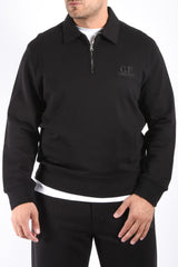 CP Company Diagonal Raised Fleece Zip Polo Logo Sweater Black