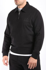 CP Company Diagonal Raised Fleece Zip Polo Logo Sweater Black